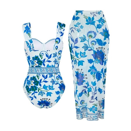 yunLCZ Women s Two Piece Bikini Set Women s Retro Fashion Bandeau Swimsuit With Beach Cover Up Wrap Skirt Two Bikini Set