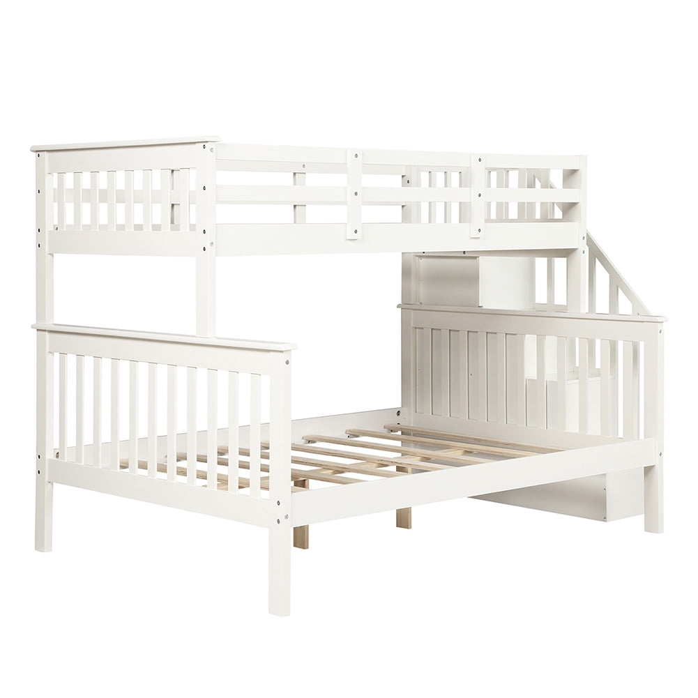 Private Jungle Solid Wood Twin-Over-Full Stairway Bunk Bed with Drawers/Storage/Trundle and Guard Rail for Bedroom and Dorm,White