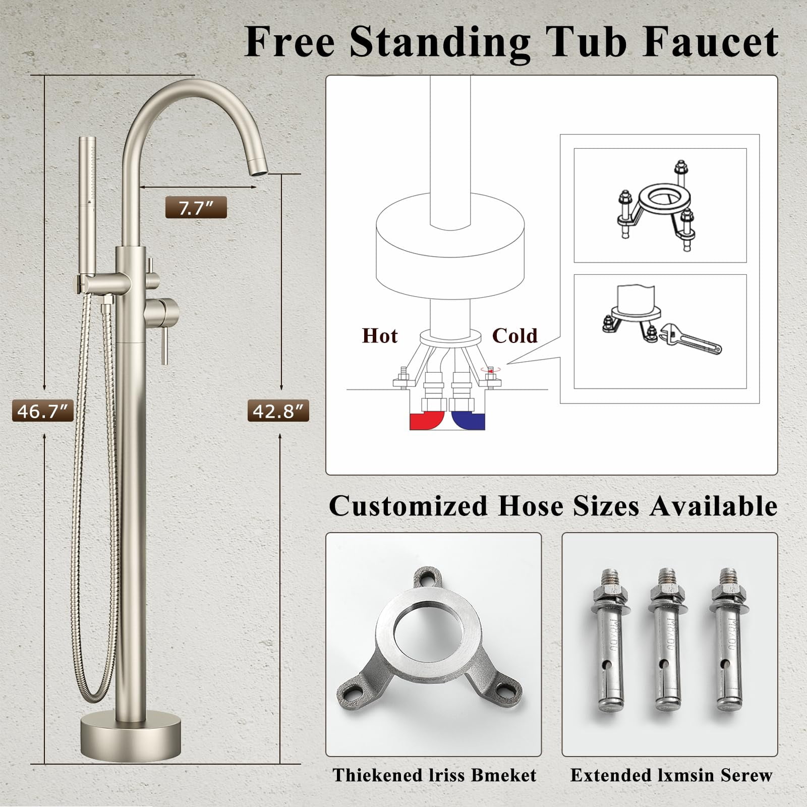 Freestanding Bathtub Faucet Brushed Nickel Floor Mount Metal Bathroom Gooseneck Spout with 2 Function Hand Shower