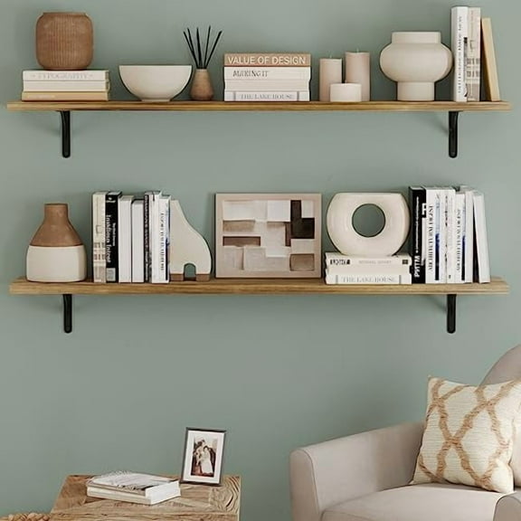 Wallniture Forme 60" x 10" Floating Shelves for Wall Decor, Rustic Wall Bookshelf, Shelves for Living Room, Office, Kitchen, Pantry Room, Floating Shelf, Set of 2, Burnt Finish, Wo
