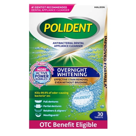 Polident Overnight Whitening Antibacterial Dental Appliance Cleanser Tablets, 30 Count