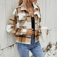 thumbnail image 4 of IROINNID Women's Short Shacket Jacket Plaid Long Sleeve Plaid Single Breasted Plaid Coat Short Coat Hoodless Casual Outwear, Beige, 4 of 5
