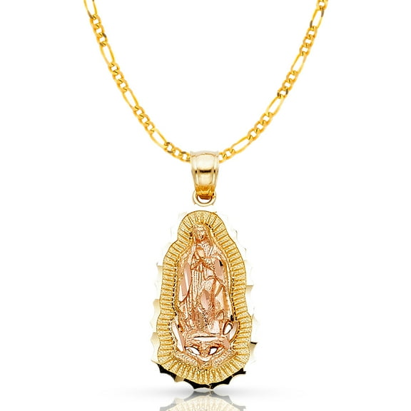 14K Two Tone Gold Our Lady of Guadalupe Charm Pendant with 1.9mm Figaro 3 1 Chain Necklace