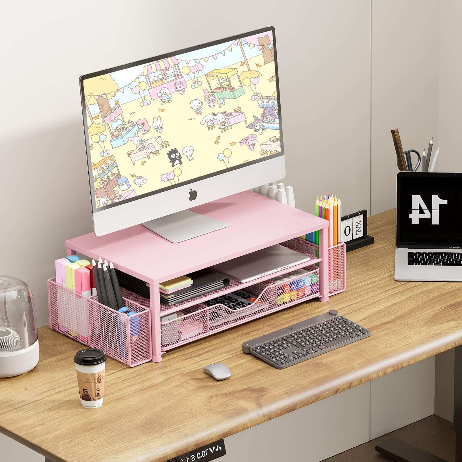 Desk Organizers And Accessories  2-tier Computer Monitor Stand Riser With Drawer 2 Pen Holders Laptop Office & Decor For Women Pink