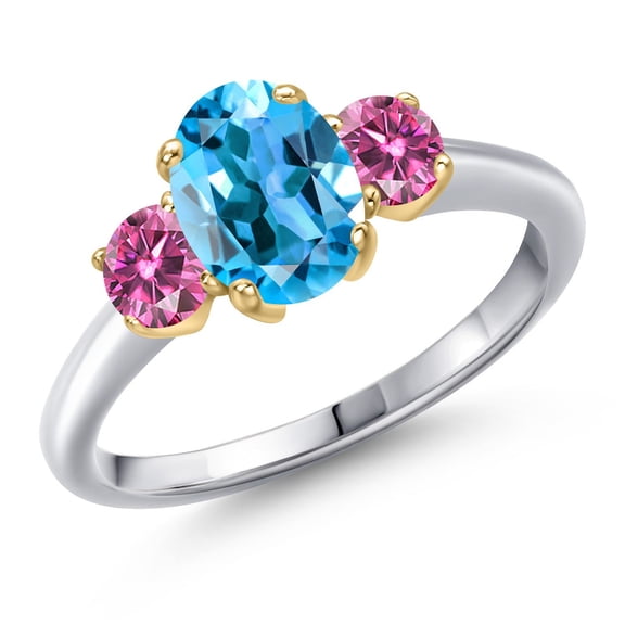 Gem Stone King 925 Silver and 10K Yellow Gold Swiss Blue Topaz and Pink Moissanite Engagement Ring for Women | 1.96 Cttw | Oval 8X6MM | Gemstone November Birthstone | Size 5