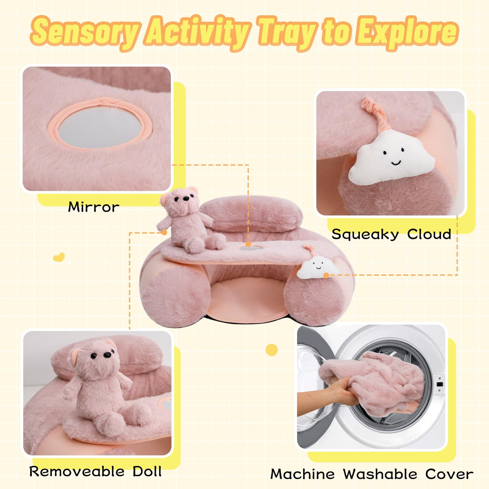 Inflatable Baby Floor Seat with Removable Cover - Portable Sit & Play Activity Chair for Infants 3-36 Months, Pink