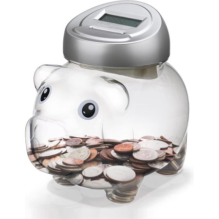 Piggy Digital Coin Bank, Automatic Coin Counter Totals All U.S. Coins, Clear Money Saving Jar with LCD Display, Silver