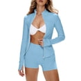 thumbnail image 3 of 2 Piece Workout Sets for Women Shorts Stretchy Thumb Hole Athletic Zip Up Jacket Long Sleeve Short Sets Yoga Gym Set, 3 of 5