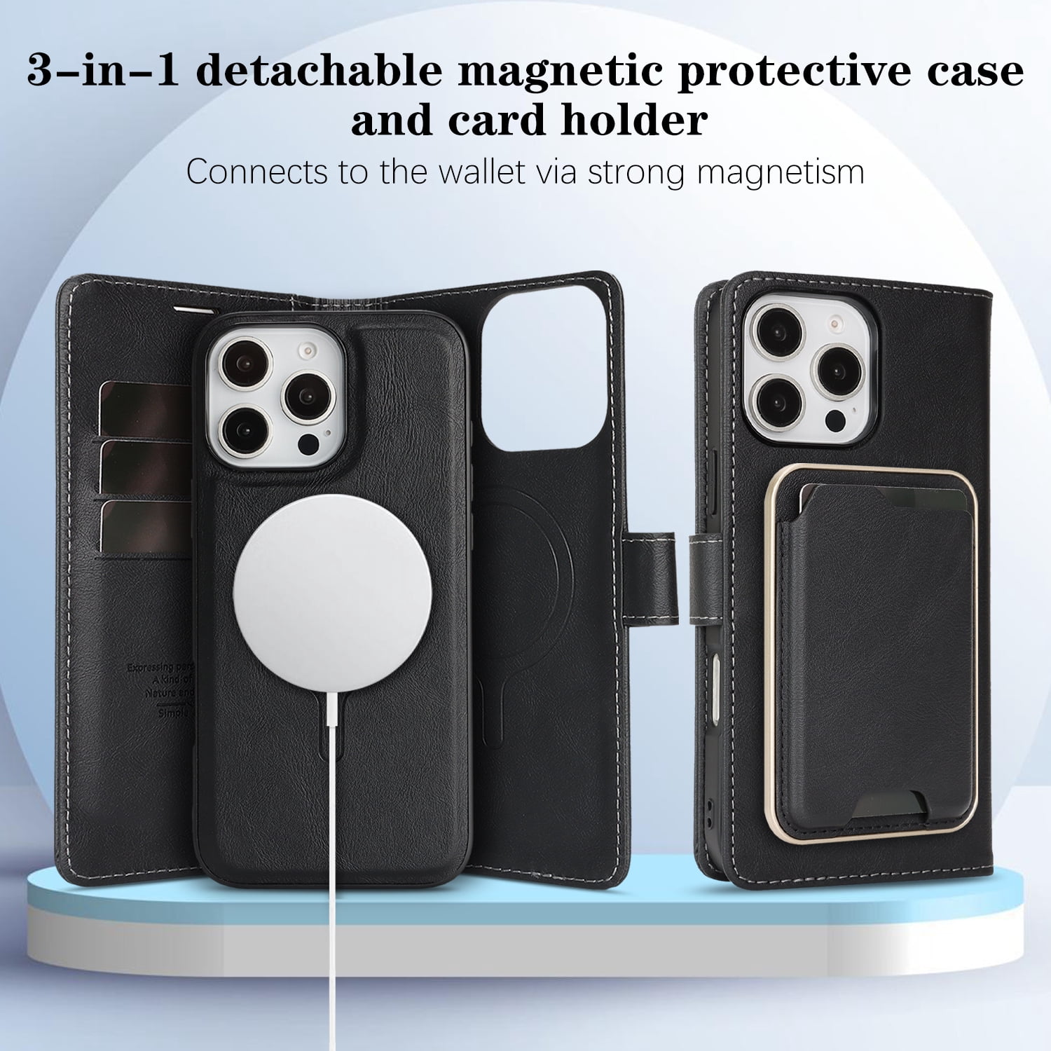 TECH CIRCLE 3-in-1 Phone Case for iPhone 15 Pro Max (2023 Release, 6.7"), Magnetic Flip Wallet Case with Detachable Magnetic Back Cover and Card Holder, Compatible with MagSafe Accessory, Black