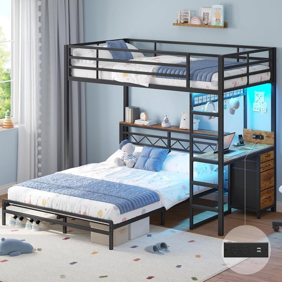 Twin Over Full Size Bunk Bed with Desk,Loft Bed with 4 Storage Drawers and Practical Headboard, Bunk Bed with Charging Station & LED Lights,Bed Frame with Safety Guardrail & Ladder, Black