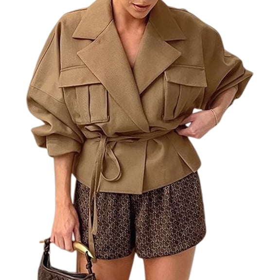 Women Crop Trench Coat Raglan Sleeve Work Office Cropped Jacket with Pockets Khaki S