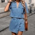 thumbnail image 6 of BRGZLK Denim 2 Piece Outfits for Women Summer Casual Trendy V Neck Jean Tops Asymmetric Hem Short Skirt Loose Set with Pockets Streetwear Dark Blue S, 6 of 6