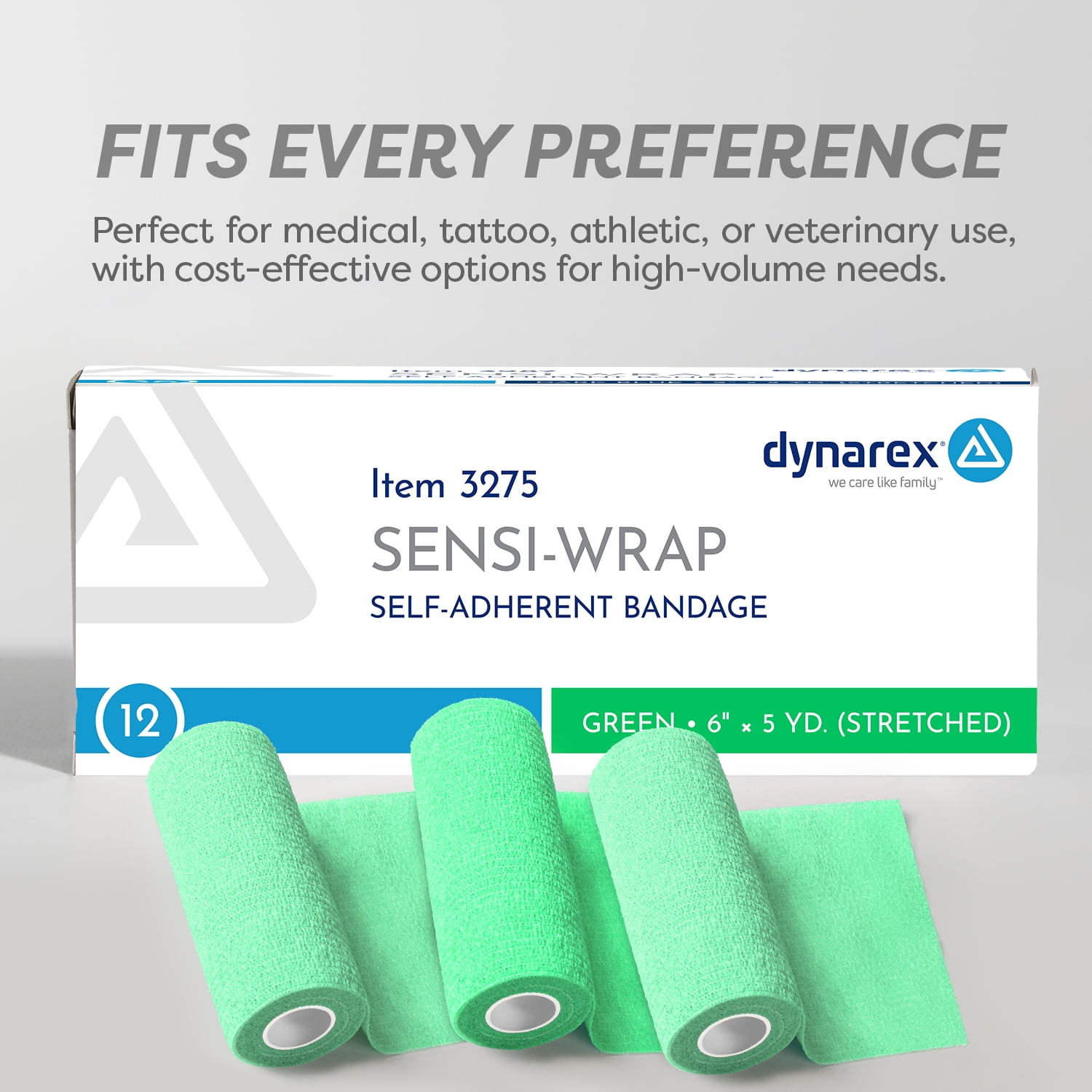 Dynarex Sensi-Wrap Self-Adhesive Bandages, 12-Pack, 6" x 5 yards, Green, Latex, Colored Elastic Cohesive Athletic Tape, Tattoo Grip & Vet Wrap