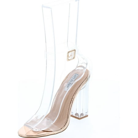 

Cape Robbin Maria-2 Women s Lucite Clear Strappy Block Chunky High Heel Open Peep Toe Sandal Rose Gold 9