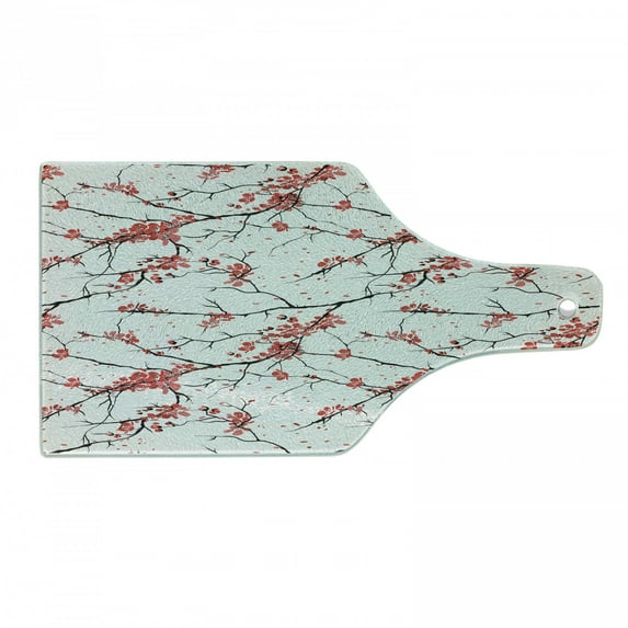 Nature Cutting Board, Illustration of Sakura Branches Windy April Weather in Japanese Painting Style Art, Tempered Glass Cutting and Serving Board, Wine Bottle Shape, Coral Black, by Ambesonne