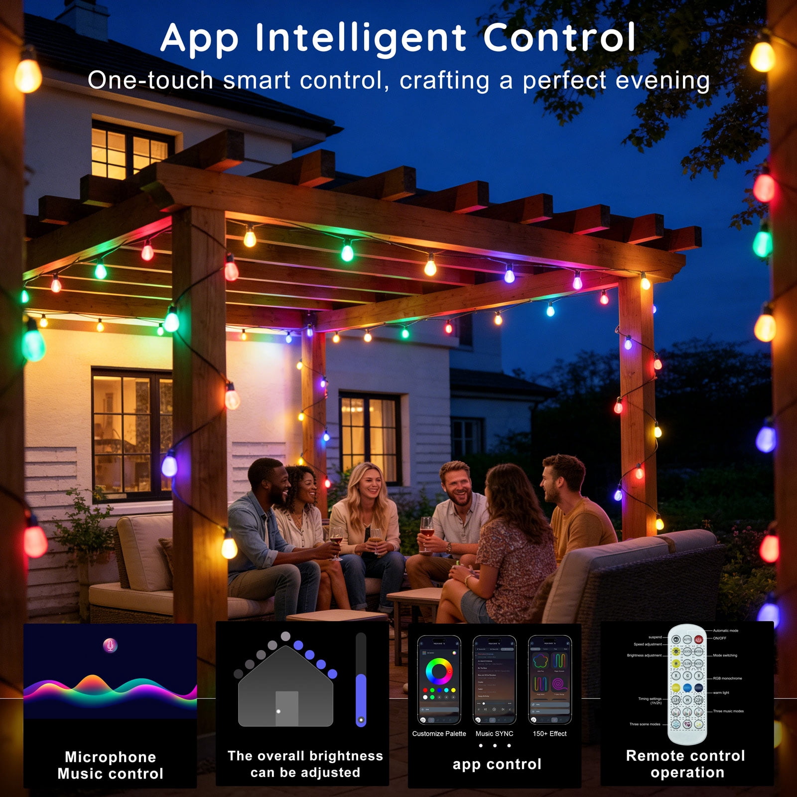 300FT RGB Outdoor String Lights, +IC Outside Light Dimmable Shatterproof LED Bulbs, IP67 Waterproof Chasing Effect Lighting DreamColor Patio Strip Lights for Backyard, Balcony, Outdoor Living