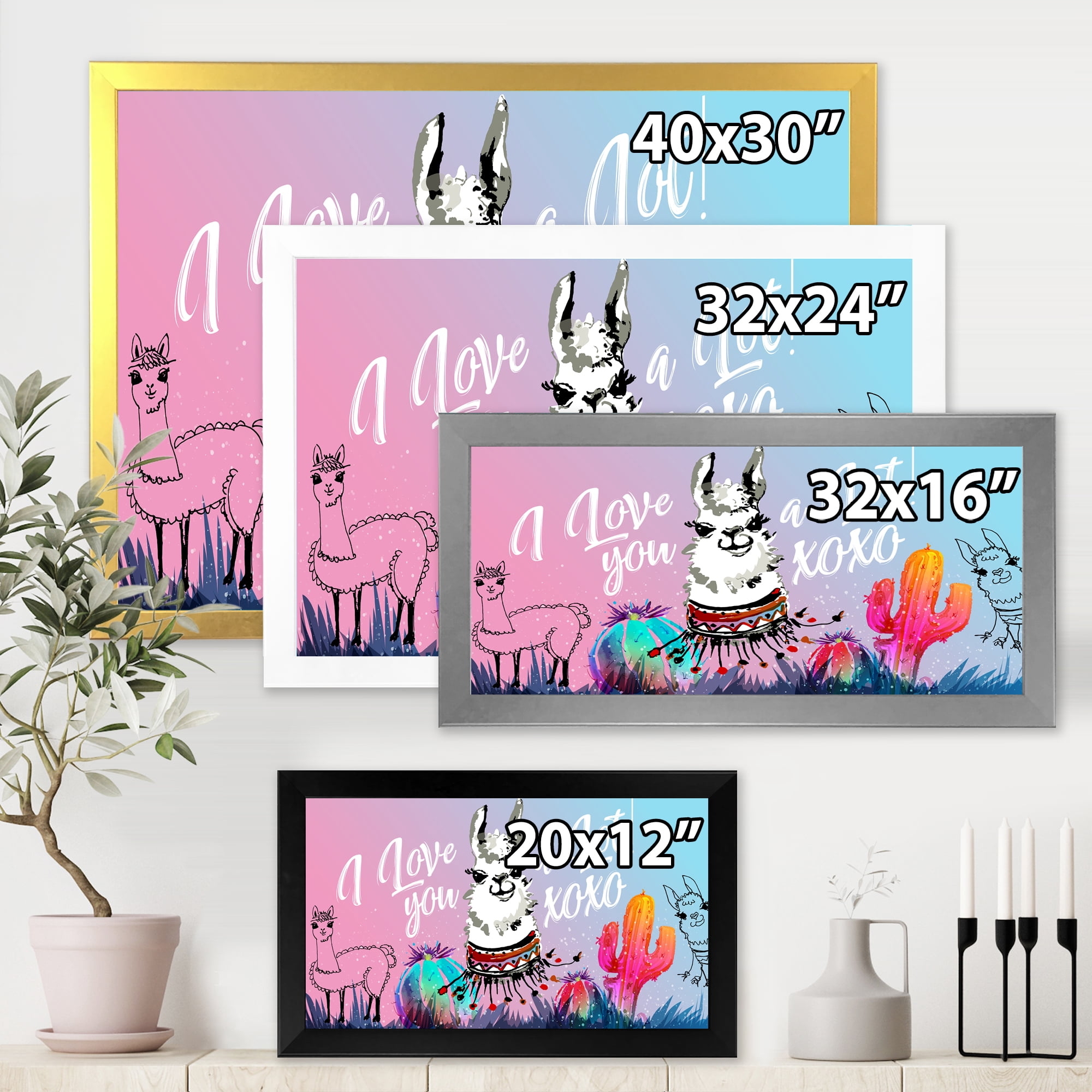 Designart 'I Love You A Lot Llama Alpaca Cartoon Portrait' Children's Art Framed Art Print