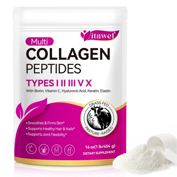 Multi Collagen Peptides Powder, Healthy Skin, Hair, Joint, Nail Support, 5 Types Hydrolyzed Collagen with Vitamin C & Hyaluronic Acid, Unflavored, 16 oz (1 lb/454 g)