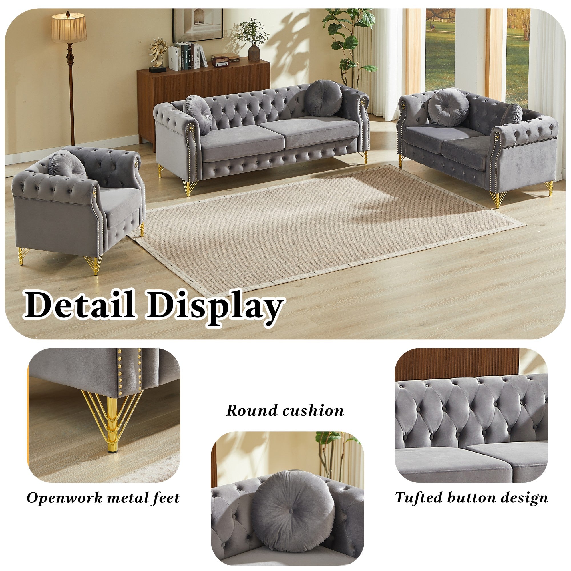 Sailvan 60.5" Velvet Chesterfield Loveseat, 2-Seater Tufted Sofa with Nailhead Trim, Gold Metal Legs & 2 Round Pillows for Living Room Grey