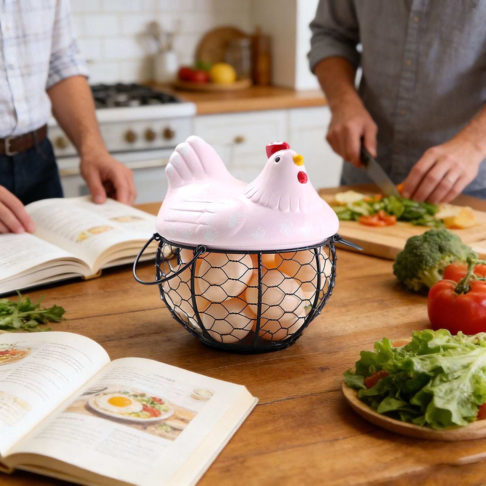 Farmhouse Egg Basket with Ceramic Lid, Black Wire Egg Holder for Fresh Eggs, Decorative Chicken Design Egg Storage Container, Kitchen Countertop Organizer Case for Eggs