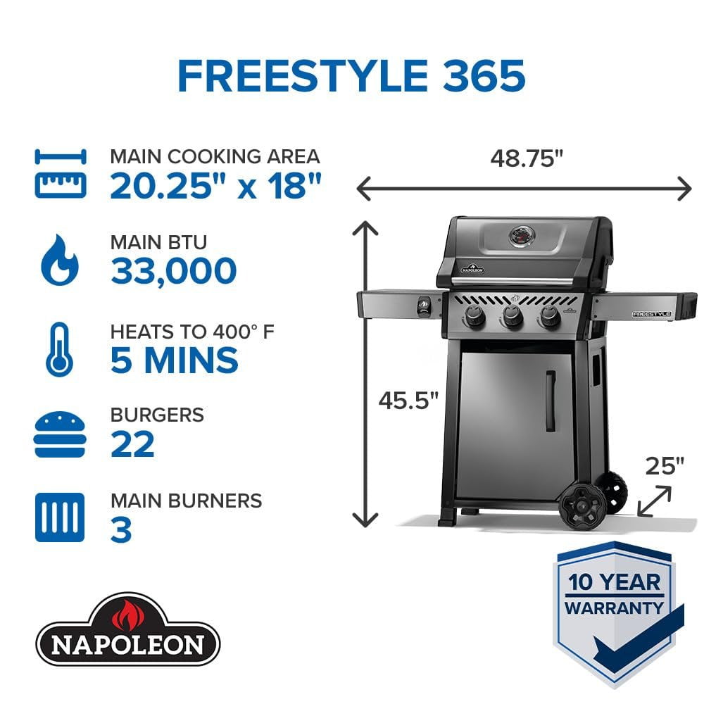 Napoleon Freestyle 365 Natural Gas Outdoor Grill, Graphite Grey  3-Burner BBQ with Stainless Steel Cooking Grates