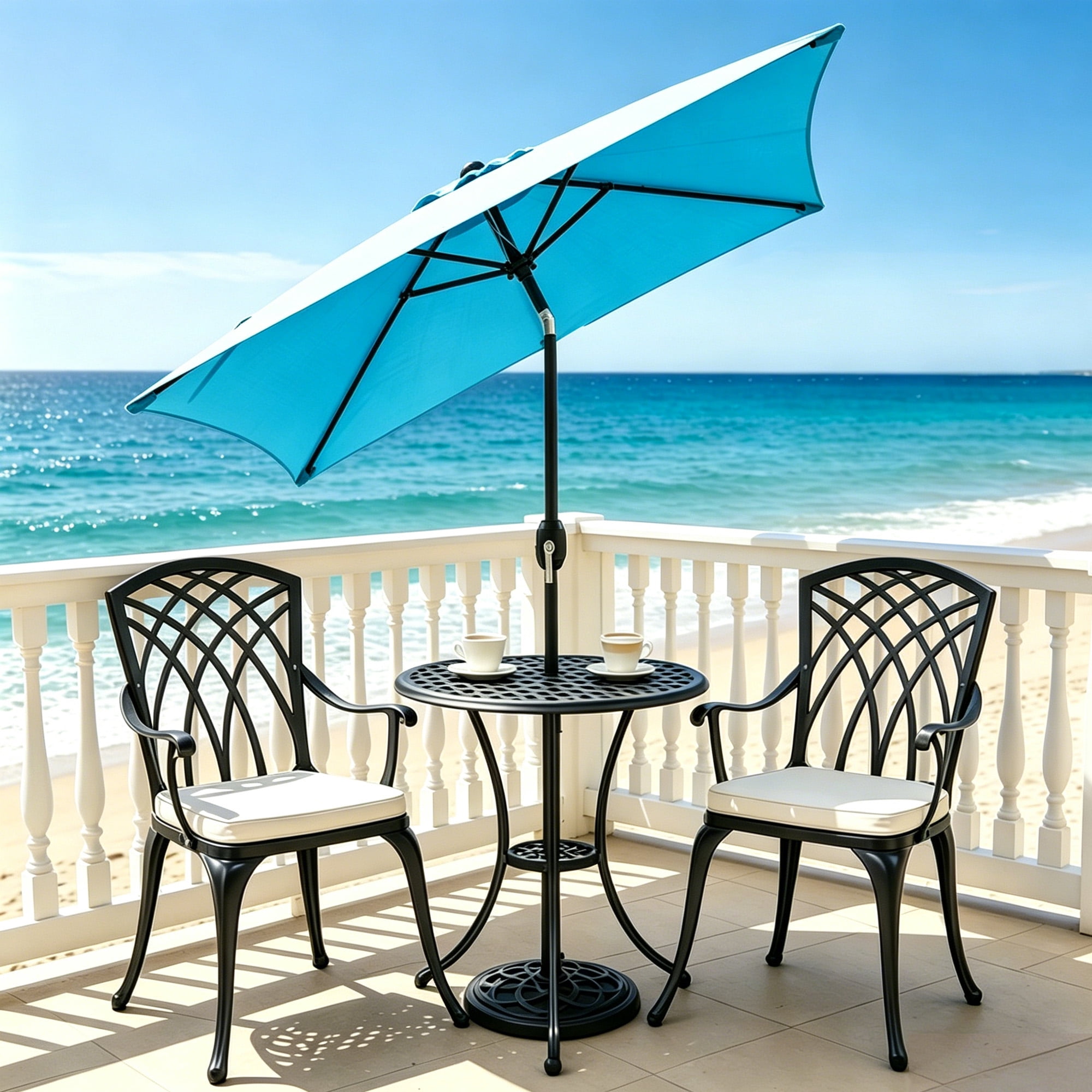 Kool 6.5 ft Square Outdoor Patio Market Umbrella with Push Button Tilt and Crank Handle, Aqua