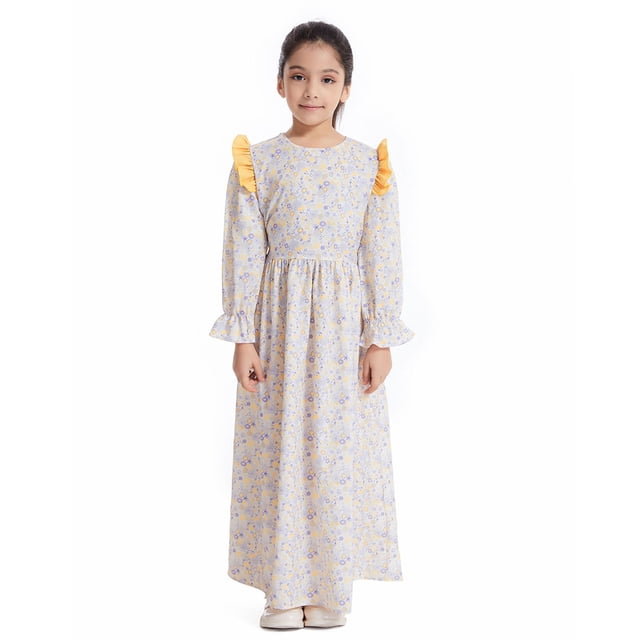 GDREDA Tenues d'Été pour Filles Robe à Manches Longues à Fleurs Décontractée Robes Imprimées à Fleurs Robe à Taille Nouée pour Enfants Robe Maxi Tenues et Ensemble pour Filles Jaune, 13-14 Ans