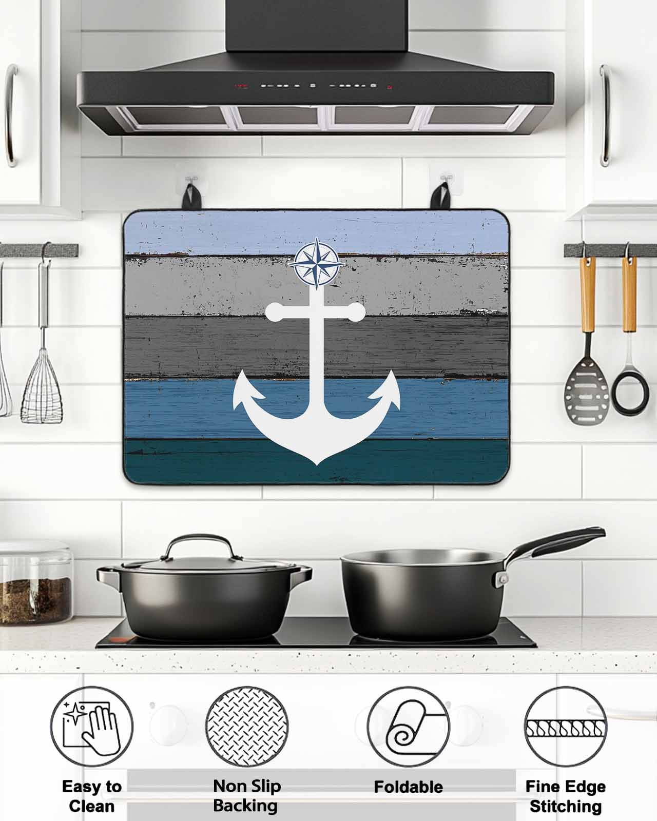Stove Top Covers for Electric Stove, Blue Nautical Anchor Glass Stovetop Cover Protector, Rustic Distressed Wood Grain Induction Cooktop Protector Oven Mat for Kitchen Countertop 28.5"x20.5"
