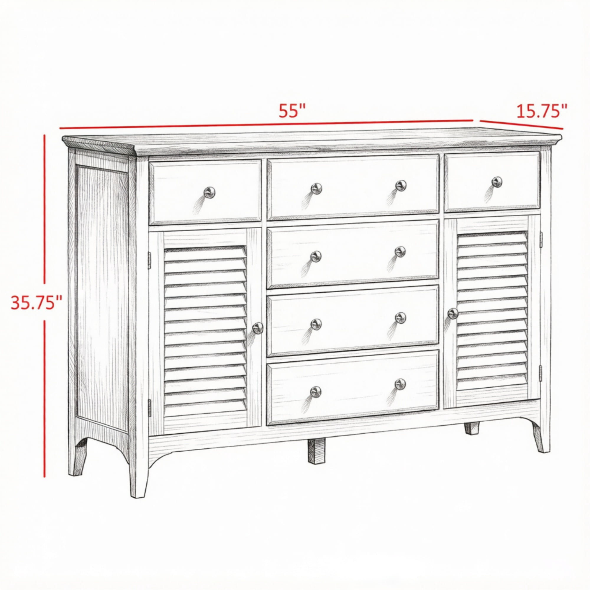 Adjustable Shelves Sideboard, Buffet Cabinet with Storage Drawers, Rubber Wood Top Coffee Bar, White