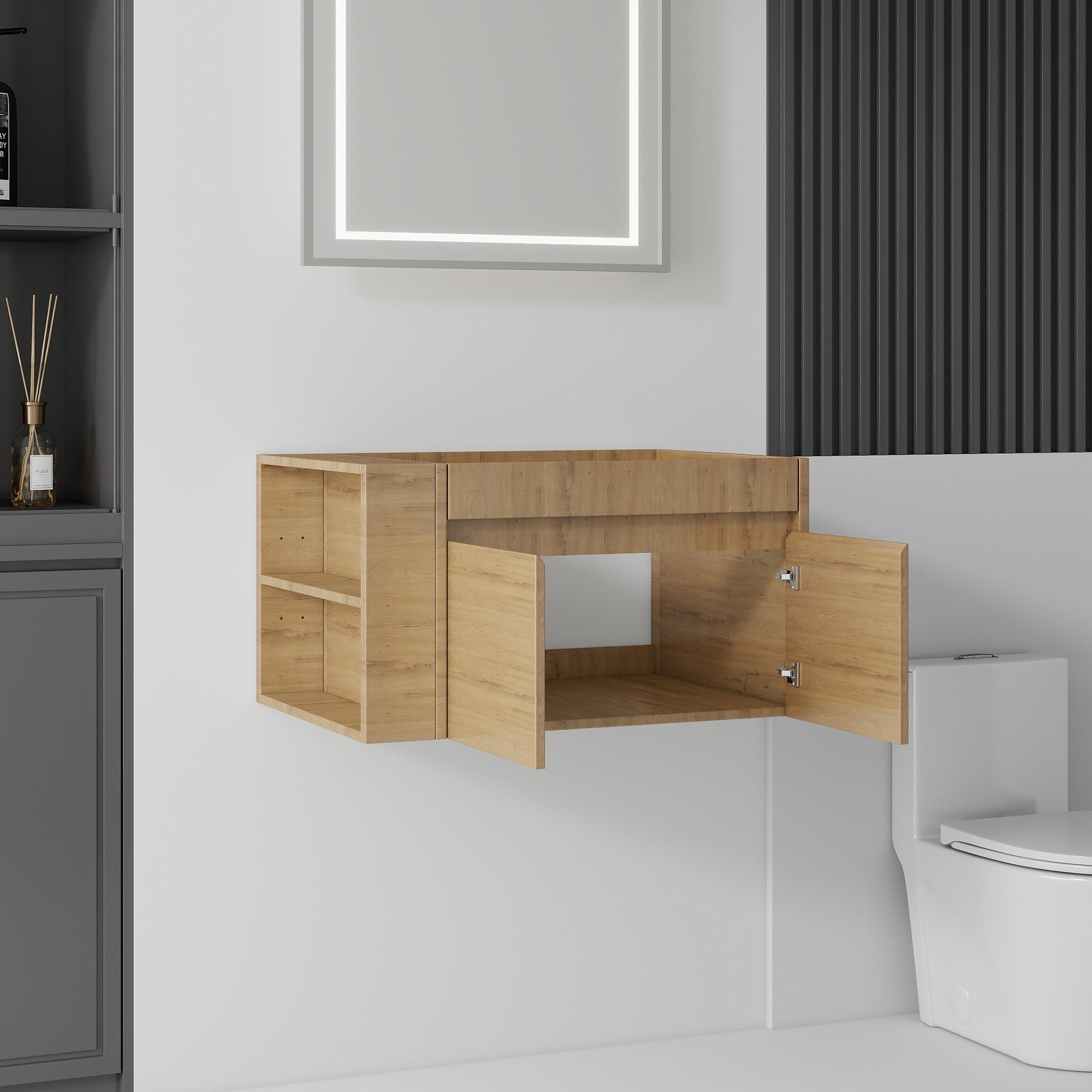Leumius 30" Floating Bathroom Vanity Cabinet with Open Side Storage Compartment,Soft-Close Double Doors,Wall Mounted Bathroom Cabinet for Small Space,Cabinet Only,Oak