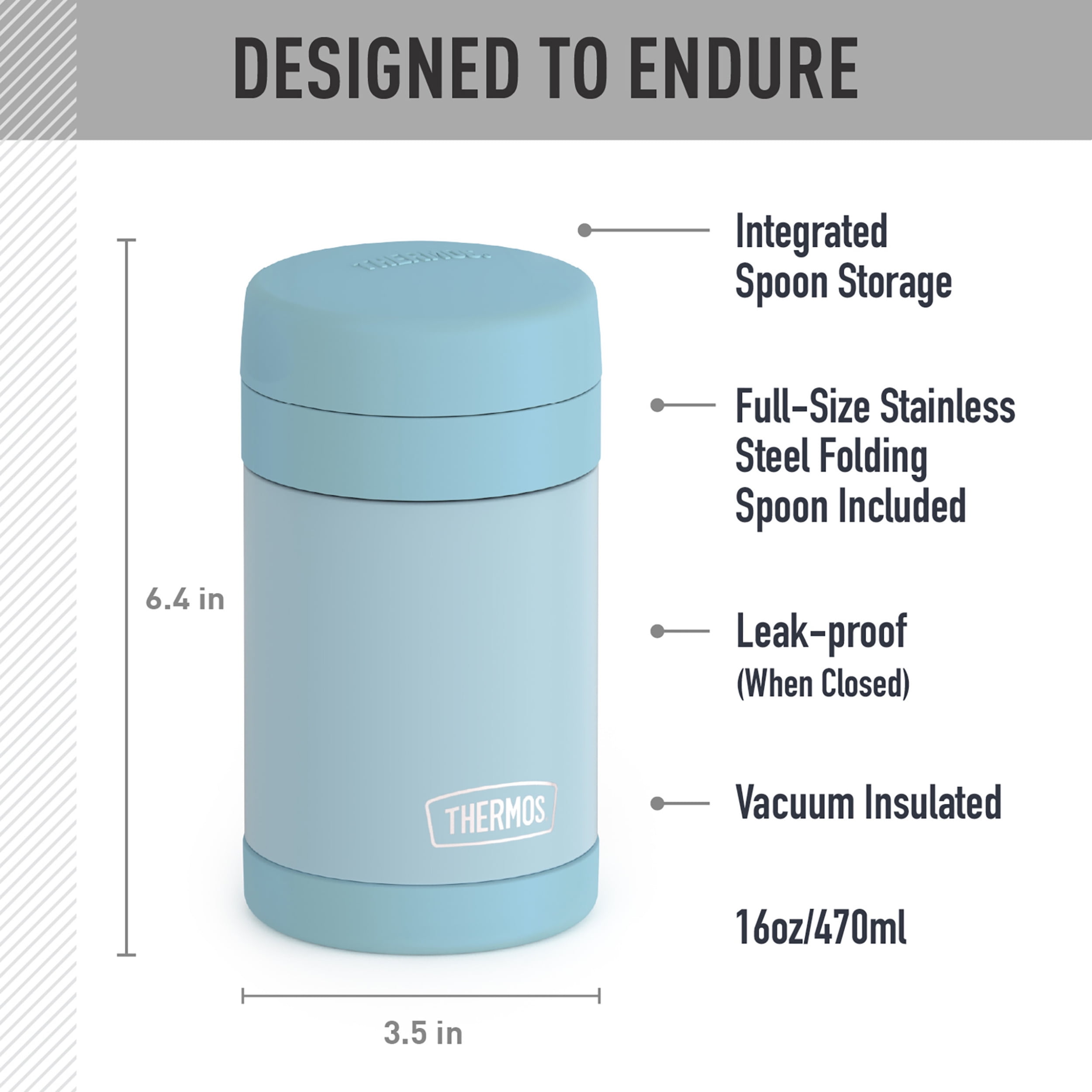 (2 pack) Thermos Vaccum Insulated Stainless Steel Food Jar with Spoon, 16oz, Glacier Blue, Ideal Use for Workday Meals and Travel, Made for Portable Food Storage, Dishwasher Safe, For Hot and Cold Food