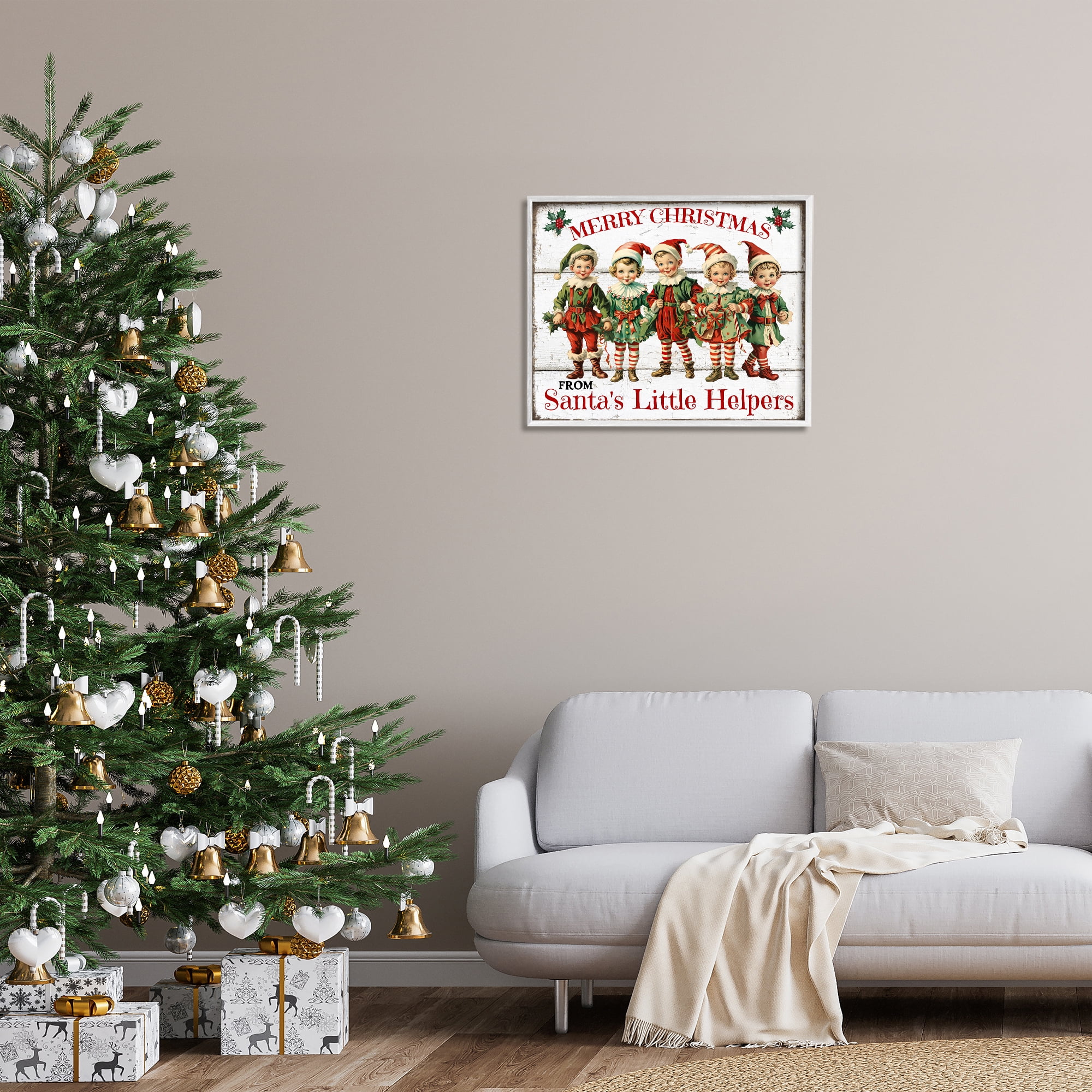 Stupell Industries Santa's Helpers Elves Holiday Painting White Framed Art Prints Wall Art, 30 x 24