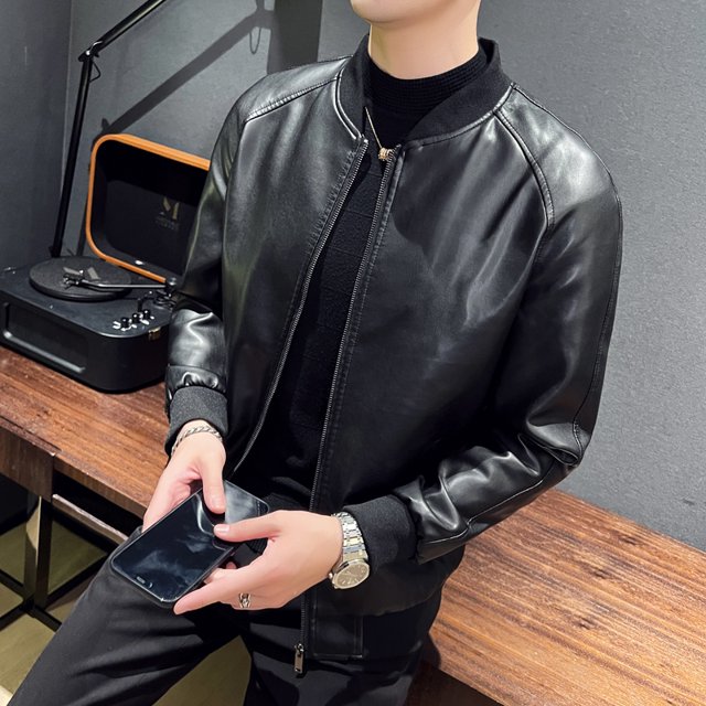 Men SprAutumn Thin Style Motorcycle Leather Jacket Fashionable Motorcycle Leather Jacket Fabric Soft Version Slim Simple Coat Black XXL