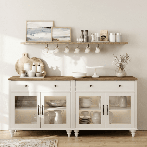 68" White Glass Door Buffet Cabinet with Drawer, Farmhouse Sideboard with Storage