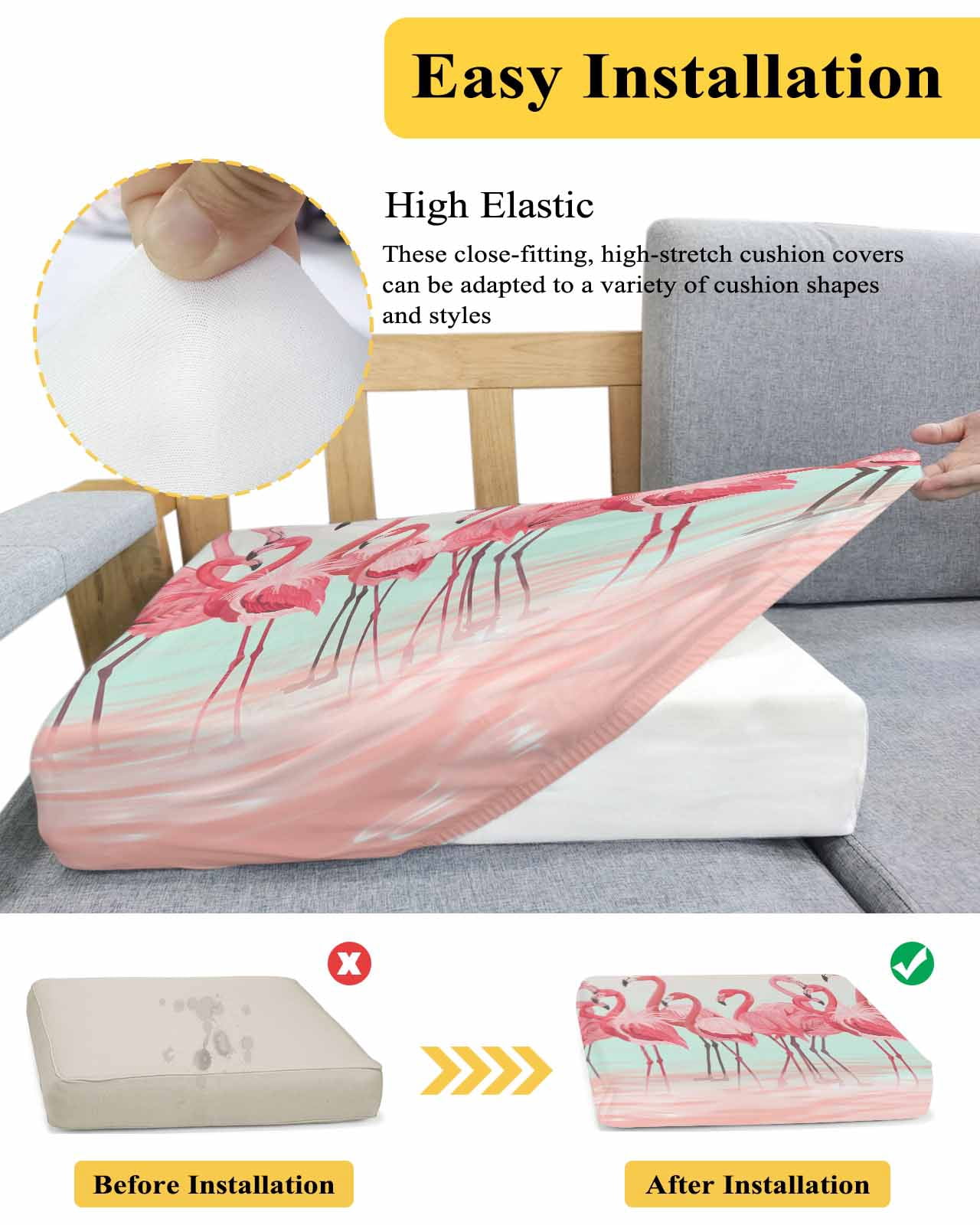 Pink Flamingo Couch Cushion Covers,Stretch Seat Cushion Covers for Sectional Sofa,Summer Tropical Flamingo Hawaii Animals Individual Sofa&nbsp;Slipcovers Furniture Protector Elastic Straps 1Pcs,S