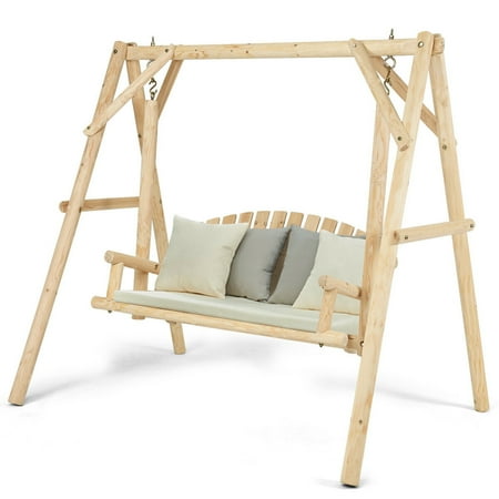 Patio Porch Swing Gymax Wooden Porch Swing Outdoor Patio Rustic Torched Log Curved Back Bench A-Frame ()