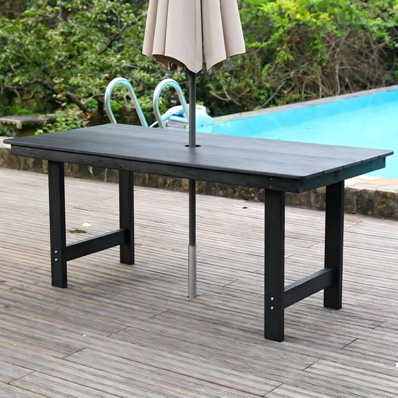 Noble House 67" Rectangular Outdoor Dining Table with Umbrella Hole, All-Weather Wood Grain Family Table, Black