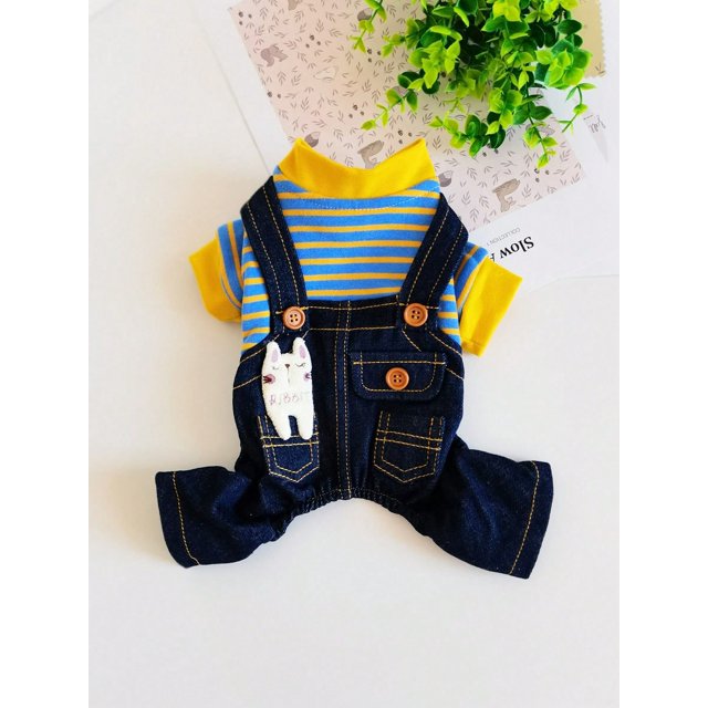 1pc Pet Dog Striped Fleece Denim Overalls Jumpsuit, Four-Legged Clothes Suitable For All Seasons