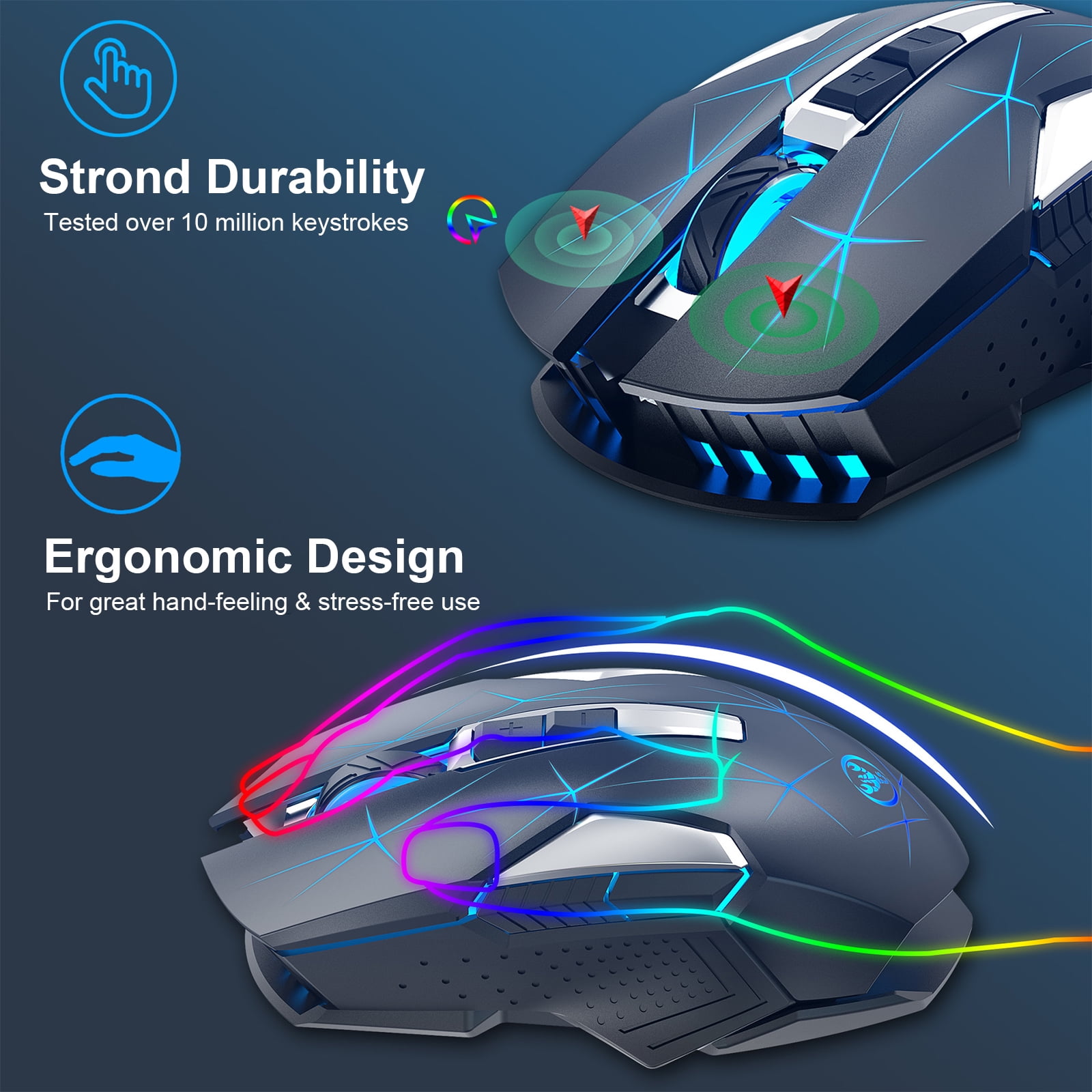 Wireless Gaming Mouse for Laptop, Rechargeable USB 2.4G PC Gaming Mouse with 5 Adjustable DPI, 7 Colors LED Lights, 6 Silent Buttons, Ergonomic Optical Mouse for Computer, Laptop, Desktop, Mac, PC