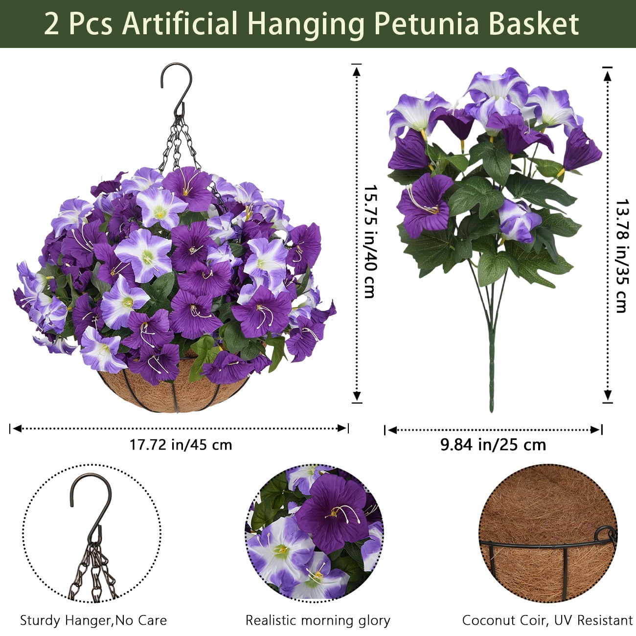 2 Sets Of Artificial Hanging Flower Baskets For Plant Outdoor Decoration, Simulated Silk Anti Uv Morning Glory Flowers, Suitable For Home Porch, Terrace, Garden, Courtyard