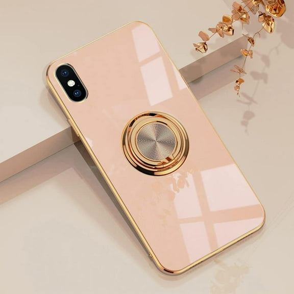 for Pink iPhone X/Xs Case for Women Ring Holder, Built-in 360 TPU Rotation Kickstand Rings Cases with Stand Glitter Plating Rose Gold Edge Work with Magnetic Mount Slim Sleek Luxury Case Girly
