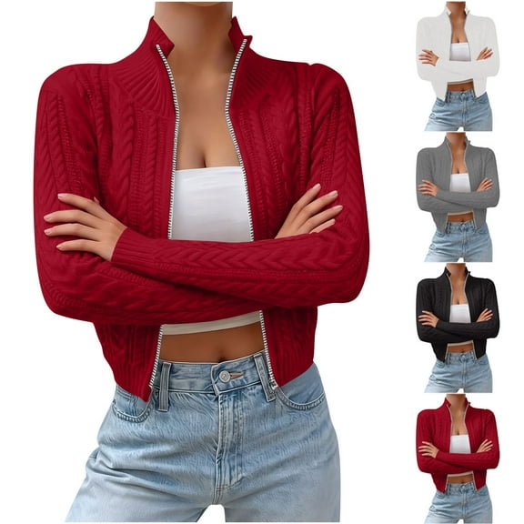 FRSASU Women's Zip up Cardigan Sweater Long Sleeve Jacket Crewneck Solid Casual Coat White