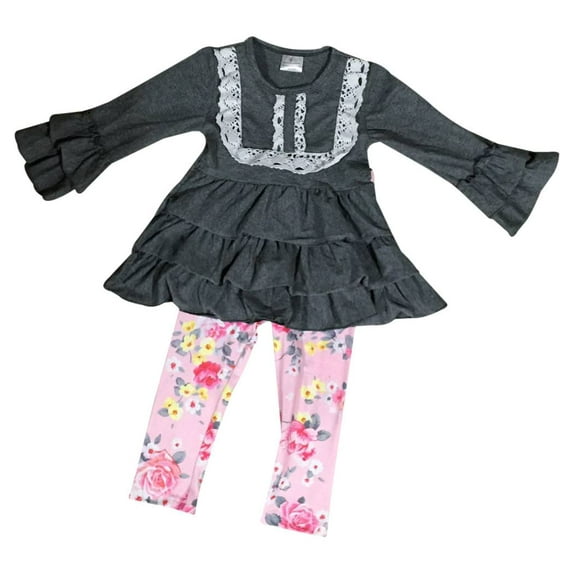 Little Girl Kids Long Sleeve Ruffle Sleeve & Top Pink Leggings Pants Set Gray 2T XS 600309 BNY Corner