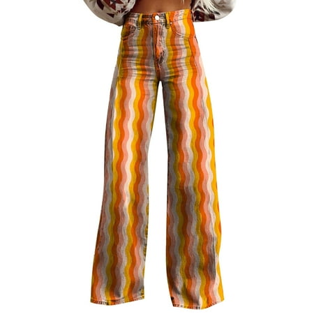 Delayuji Black Jeans Womens High Waisted Fleece Lined Jeans Women High Waist Floral Patterned Pants Loose Fit Casual Colorful Trouser Imitation Jeans Xxxxxl Orange