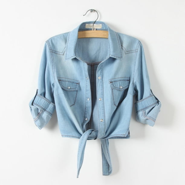 Camisa vaquera de manga larga sin capucha y chaquetas para mujer, estilo informal, de moda, con mangas cortas y chal pequeño, para mujer