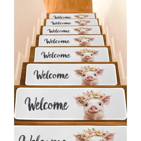 Farm Pig Flower Stair Treads for Wooden Steps Indoor Runner Rug Carpet Wildflower Garden Motifs Floral Garland 7 Pieces Peel and Stick Staircase Step Treads Covers Washable Throw Door Mats 30 x8