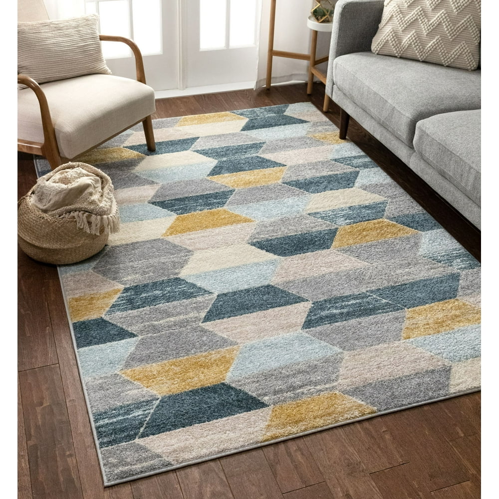 Well Woven Everleigh Hexagon Geometric Blue, Mustard Gold