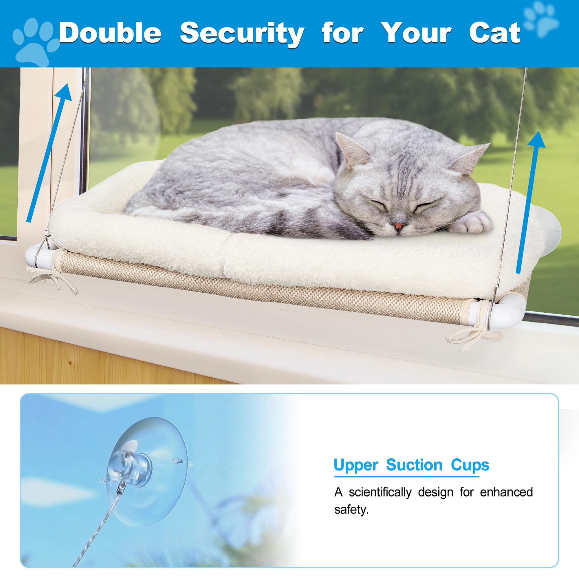 Fluffy Cat Window Bed For Indoor Cats - Strong Suction Cup Hammock With Breathable Mesh And Soft Cushion  Supports Large