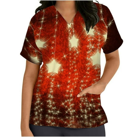 

OZUJIE Christmas Scrub Tops Women Printed Short Sleeve V-neck Tops Uniform Tree Printed Pockets Blouse Nursing Multicolor M