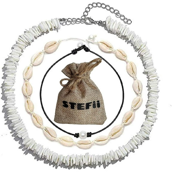 Nvzi -b 3Pcs Set - Womens Seashell Necklace, Pearl Choker, Mens Hawaiian Puca Chip White Necklace - Handmade Sea Shells Beads Women Men Necklaces Surfer Chips Beach Jewelry